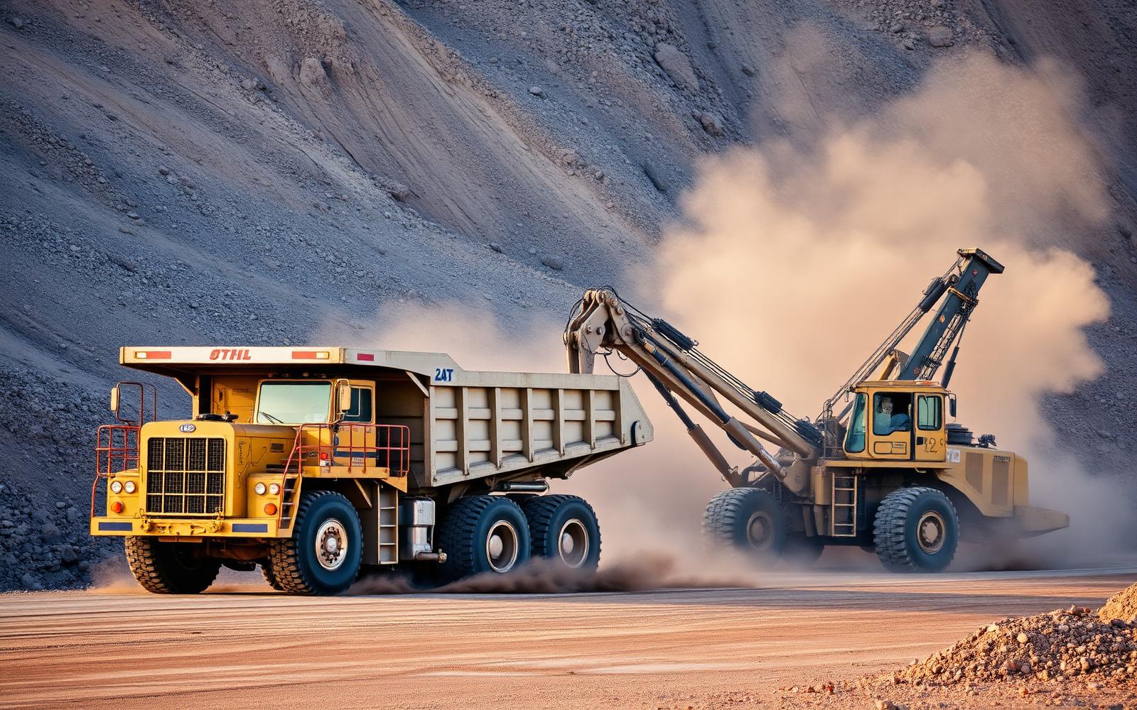 Mining haul truck and excavator